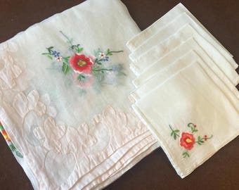 Vintage Cotton Organza Tablecloth & 6 Napkins, 42" Square, Bridge, Tea, Luncheon, Home Decor