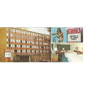 May include: Vintage postcard showing a Ramada Inn hotel. The image includes the hotel exterior, a woman in a pool, and a hotel room. The Ramada Inn sign reads "Welcome to Big Orange Country."