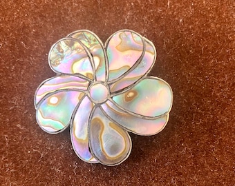 Taxco Sterling Silver Abalone Flower Brooch .925 Shell Inlay, Vintage Flower Power