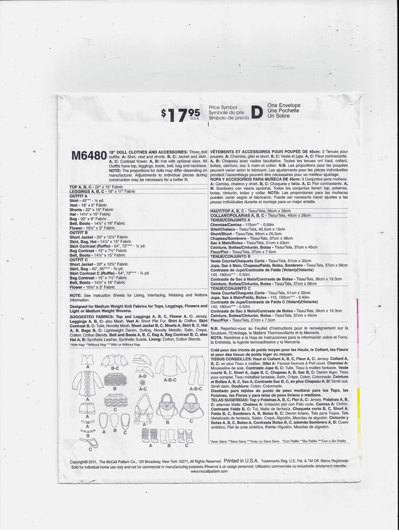 Boots Doll Clothes /& Accessories Jacket Vest Home Sewing Shorts Hat From 2001 Bag Shirt McCall/'s 6480 Pattern for 18 In Skirt