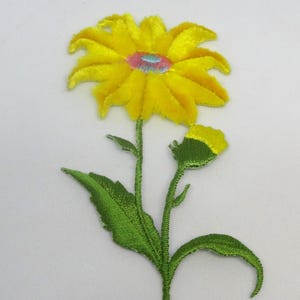 May include: A yellow velvet flower with green leaves and a bud. The flower has a light pink and blue center.