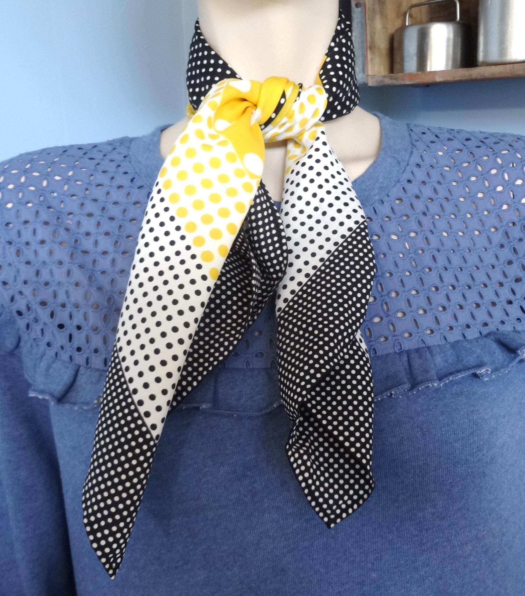 Vintage Polka Dot Scarf in Black, White, & Yellow, 26 X 28 Inches