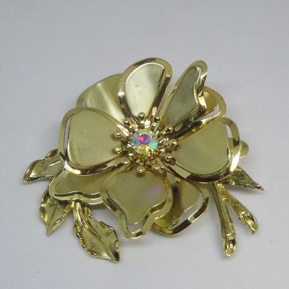 Gold Tone Large Flower Brooch with Iridescent Rhi… - image 1