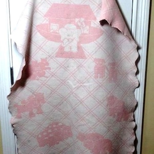 Noah's Arche 1950s Baby Decke, Rosa Doppelhaar-Flanell, 76 x 95 cm, Vintage Kinderzimmer Dekor, Biblisches Thema