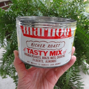 Martiou Richer Roast Tasty Mix Nut Can, NO Lid or Key, Colorful Graphics, 13 oz. Size, 5 Inch Diameter, Kitchen Decor, Mid Century Upcycle