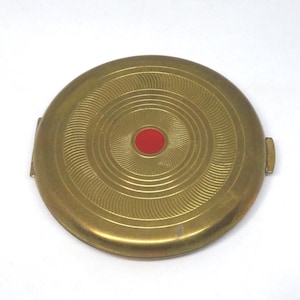 1940-50s Coty Air Spun Compact with Mirror, NO Powder or Puff, Brass with Red Enamel Dot, 3.25 In. Diameter, Vintage Vanity Cosmetics
