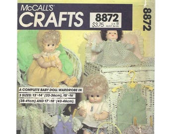 McCall's 8872 Doll Clothes Pattern for 3 Sizes - 13-14, 15-16, 17-18, From 1983, UNCUT