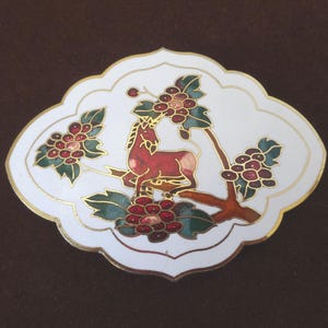 Cloisonne Enamel Horse or Unicorn Belt Buckle, White with Green, Red, Gold Tone Background, Inlaid Metal Work, 3 x 2 3/16 In. Upcycle Gift