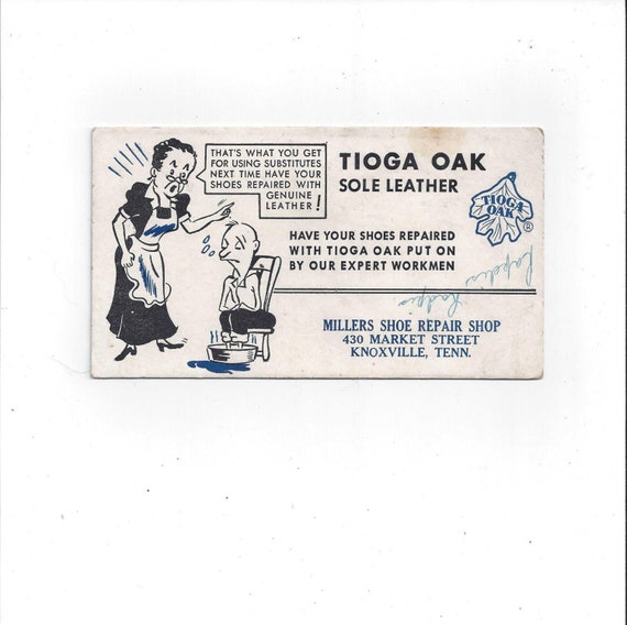 1950s Ink Blotter, Millers Shoe Repair, Knoxville, Tennessee, Tioga Oak Sole Leather Advertising, 6 1/8 x 3 3/8 In. Vintage Office Supply
