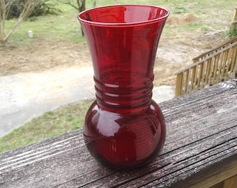 Royal Ruby Red Glass Vase with Ribbed Center, 6 3/8 Inches Tall, Anchor Glass, Flowers, No Label, Upcycle Glassware, 3.25 Inch Top Diameter