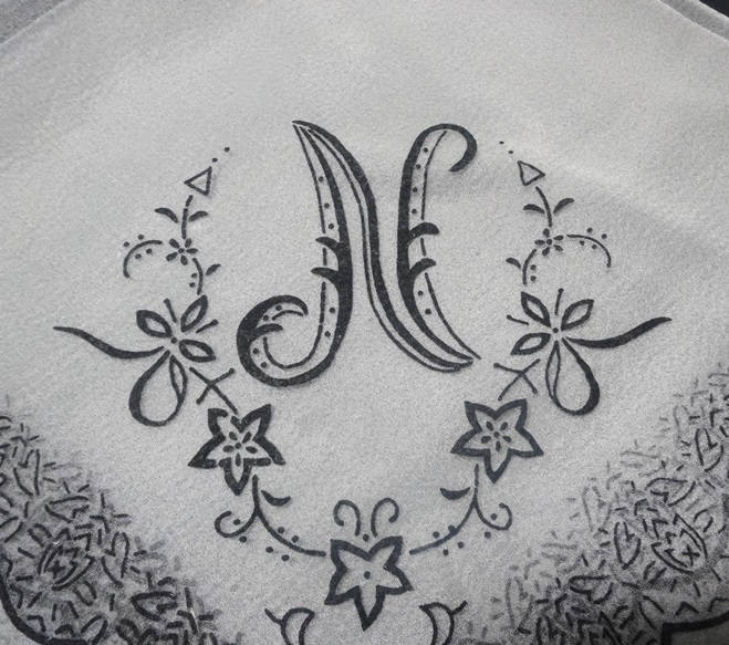 1960s Nylon Sheer Fashion Scarf in White With Black Flocking & Monogram ...