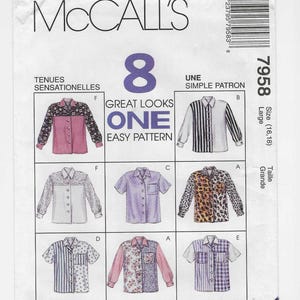 May include: McCall's sewing pattern featuring eight shirt designs. The pattern includes various styles, such as striped, floral, and solid-colored shirts. The package is labeled with the number 7958 and the size is Large (16, 18).