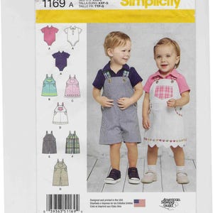 May include: Simplicity pattern 1169 features children's clothing designs. The image shows a boy in striped overalls and a girl in a white apron dress. The pattern includes various tops and overalls. The pattern is designed and printed in the USA.