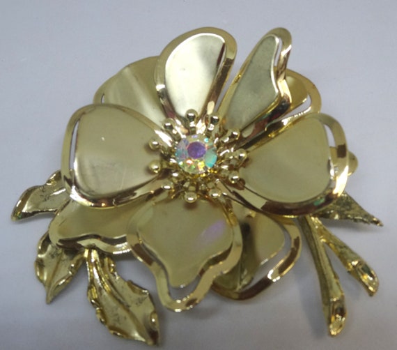 Gold Tone Large Flower Brooch with Iridescent Rhi… - image 3