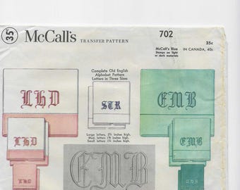McCall 702 Monogram Pattern for Embroidery Transfers Alphabet in Old English in 3 Sizes, From 1940s, Mostly Unused, Upcycle Sewing