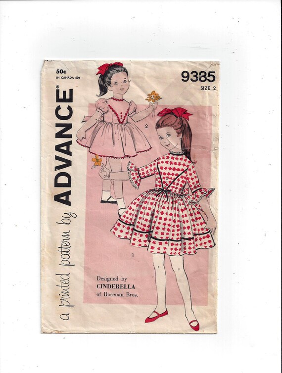 cinderella pink dress pattern Advance 9385 Pattern for Girls' Dress, Size 2, Design by Cinderella of  Rosenau Bros. From 1950s, Vintage Home Fashion Sewing, Mid Century