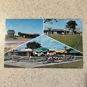 Postkarte der Shamrock Motor Cottage in Winter Haven, Florida, aus den 1960er Jahren, in der Nähe von Cypress Gardens, 3 Ansichten