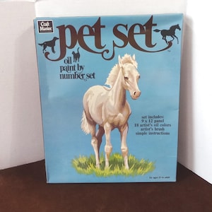 Puede incluir: Un kit de pintura por números con un potro blanco de pie en un campo de hierba. La caja es azul y tiene el texto "pet set" en letras doradas. El kit incluye un panel de 9x12, 18 colores de óleo para artistas, un pincel de artista e instrucciones sencillas.