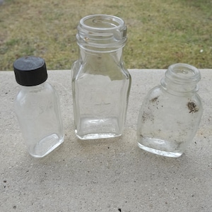 3 Vintage Glass Bottles, Bayer Aspirin, Gebhardt, Brockway with Screw Cap, Brockway, Mid Century, Medicine, Pharmacy, Chemist, Upcycle