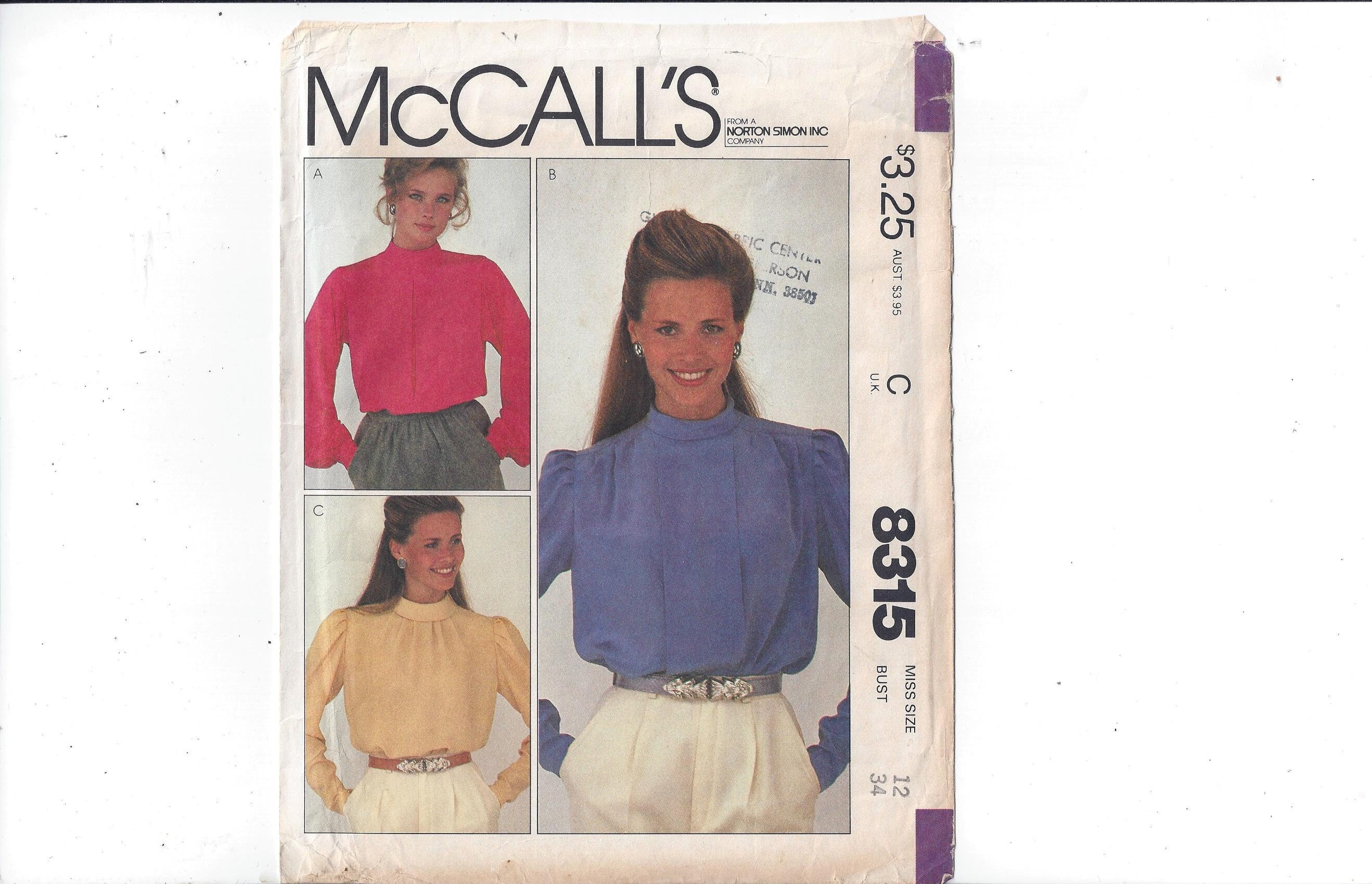 Mccall's 8315 Pattern for Misses' Blouses in 3 Styles, Size 12 From ...