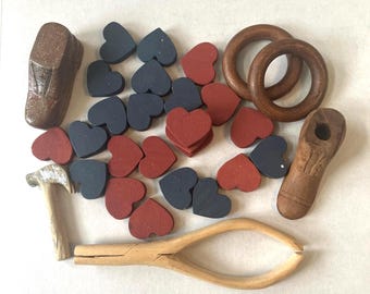 30 Piece Wood Craft Misc Supply, Red & Blue Hearts, Shoes, Rings, Tools, Upcycle