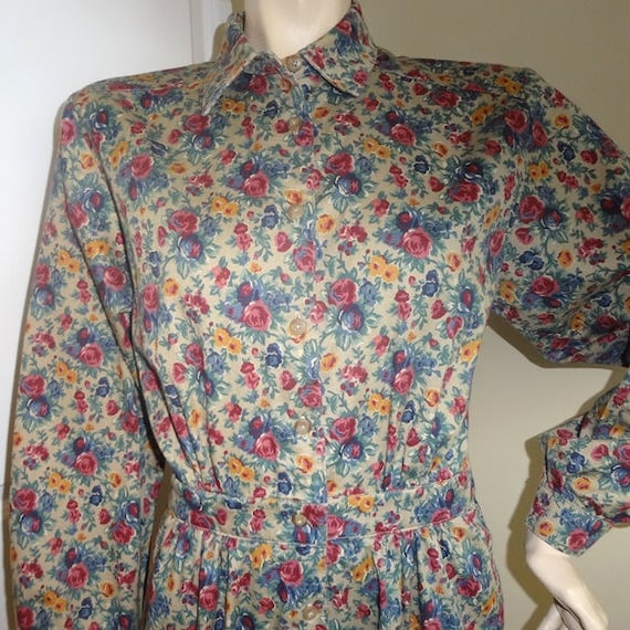 1980s Lands' End Dress in Shirtwaist Floral Twill