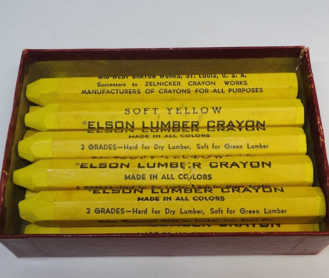 Elson Lumber Crayons in Original Box, 11 Total, Soft Yellow, Midwest Crayon Works, Vintage