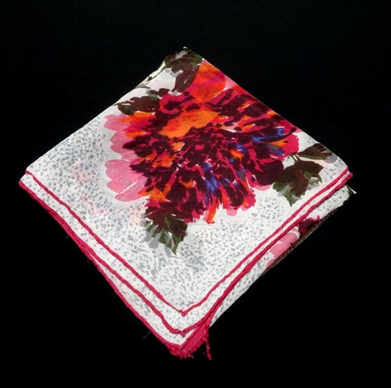 Red Tones Floral Scarf, Circa 1960s in Silk Blend, 30 Inches Square, Large Print Flowers, Vintage Fashion Accessory, Hand Rolled Hem image 2