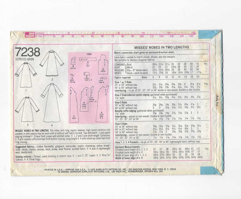 Simplicity 7238 Pattern for Misses' Robe in 2 Lengths, Size 6 8, From ...
