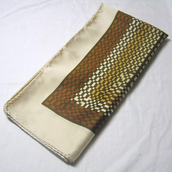 Vintage Checkerboard Polyester Scarf, Beige Border, 1980s Fashion, by NY Umbrella Co.