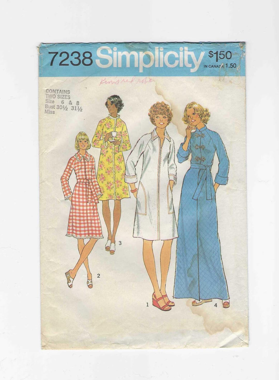 Simplicity Robe Pattern 0621 Simplicity 7238 Pattern for Misses' Robe in 2 Lengths, Size 6 8, From ...