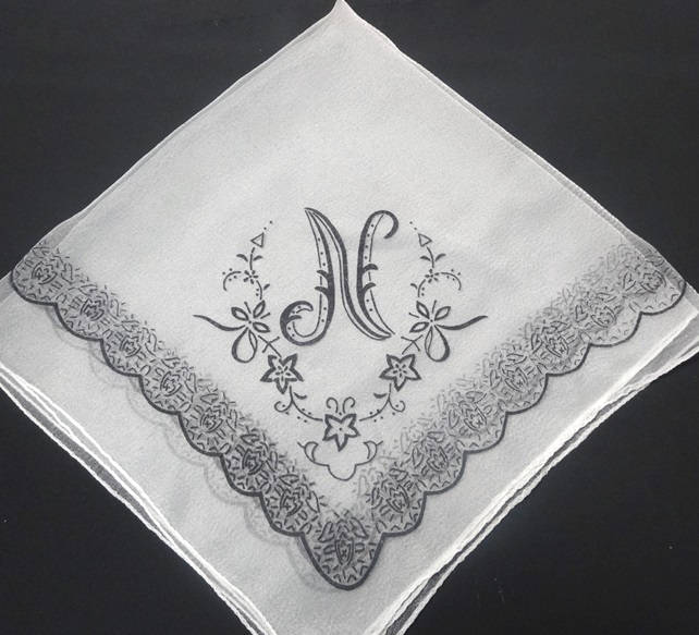 1960s Nylon Sheer Fashion Scarf in White With Black Flocking & Monogram ...