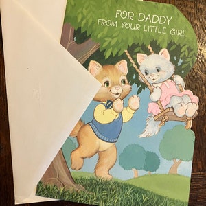 Biglietto d'auguri di compleanno caratteristico degli anni '90 per papà da bambina con busta, doppia piega, gatti disegnati artisticamente, blu e verdi, Upcycle