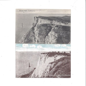 2 pocztówki ze zdjęciami Beachy Head i latarni morskiej, 1913 i 1923, Eastbourne, Anglia, wysłane półpensówką, znaczki jednopensowe