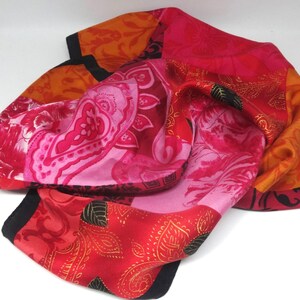 Jones New York Silk Scarf, 20.5 In. Square, Color Block Vivid Floral with Black Accents, From 1990s, Hand Rolled Edge, Fashion Accessory