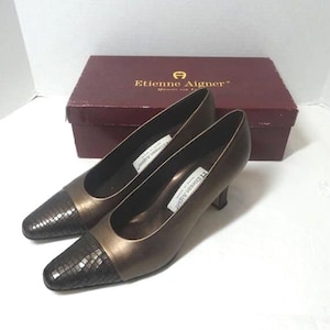 1990s Vintage Etienne Aigner Bronze FAB Shoes, Box, Made in Spain, Size 7.5 Narrow, 3 In. Heels, Leather Uppers, Vintage Shoes, Clothing