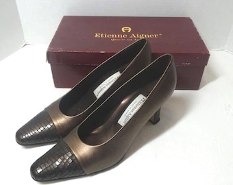 1990s Vintage Etienne Aigner Bronze FAB Shoes, Box, Made in Spain, Size 7.5 Narrow, 3 In. Heels, Leather Uppers, Vintage Shoes, Clothing