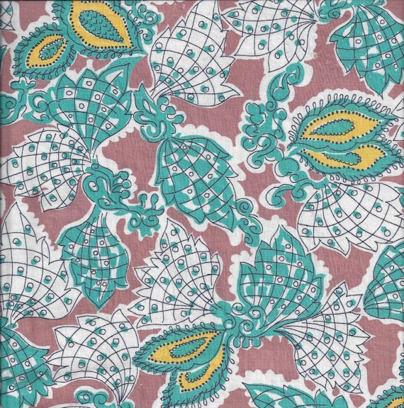 1950s Cotton Print Fabric, 36 Inches Wide, 7/8 Yard Cut, Peachy Taupe, Turquoise, Yellow, Black, White Abstract Print, Vintage Quilt Repair