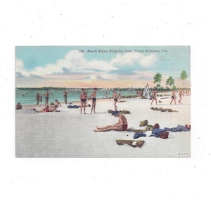 Carte postale de Kingsley Lake, Camp Blanding, Starke, Floride, scène de plage, sans inscription, souvenir de voyage militaire, scrapbooking recyclé