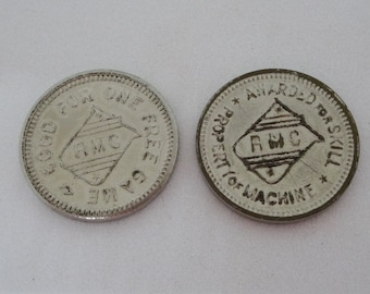 Two RMC Gaming Tokens, Good for One Free Game, Awarded for Skill, 3/4 Inches Diameter, Silver Tone, Gaming Arcade Souvenir