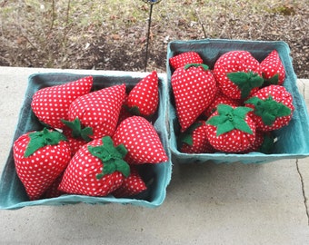 2 Quart Cartons of Faux Fabric Strawberries, Felt Caps, Vintage Hand Made, From 1970s, Upcycle Crafts, Country Kitchen