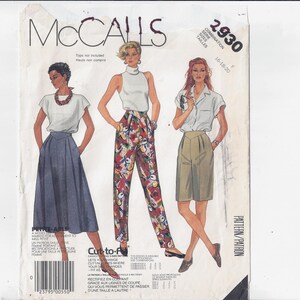 May include: A sewing pattern from McCall's, pattern number 2930, for a "Cut to Fit" skirt, trousers, and shorts. The pattern features three women modelling the different styles.
