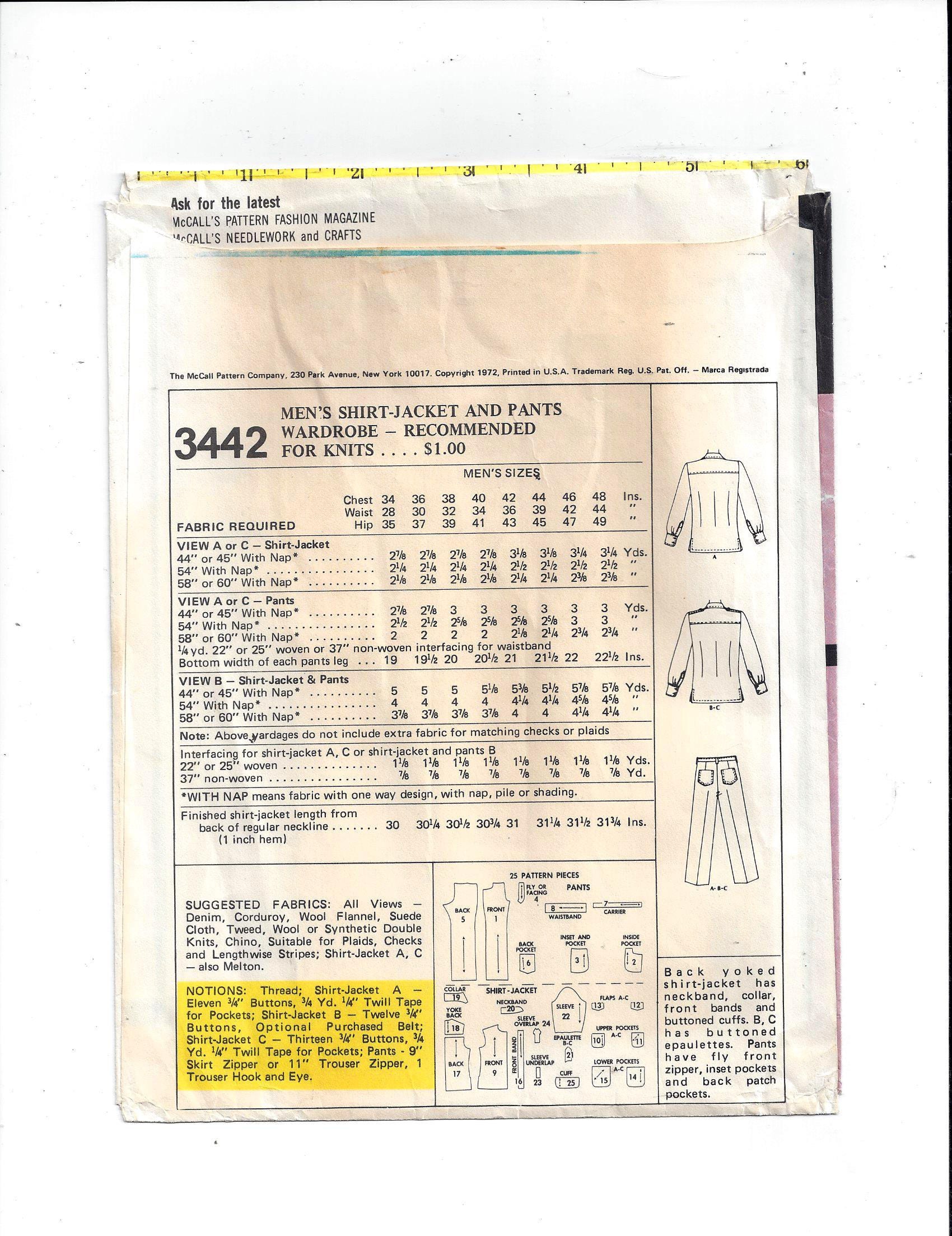 4342 Pattern Mccall's 3442 Pattern for Men's Shirt Jacket & Pants Wardrobe, Size 40 ...