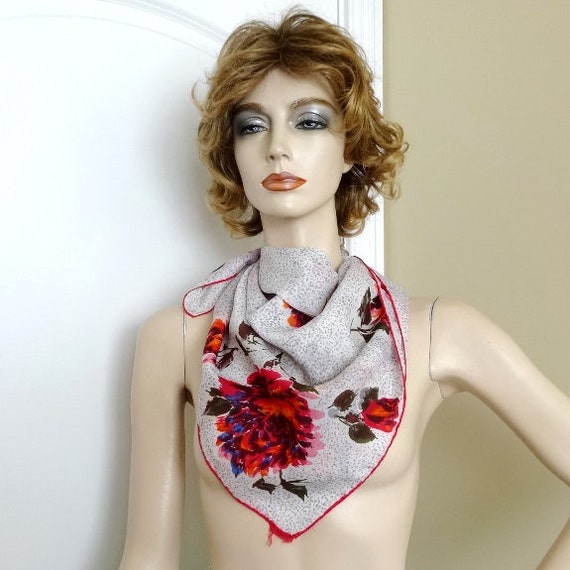 Red Tones Floral Scarf, Circa 1960s in Silk Blend, 30 Inches Square, Large Print Flowers, Vintage Fashion Accessory, Hand Rolled Hem