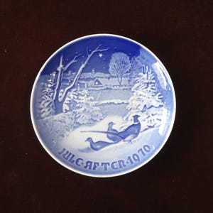 1970 Vintage Royal Copenhagen Bing & Grondahl Blue Porcelain Plate, Denmark, Pheasants in the Snow at Christmas, 7.25 Diameter, Signed