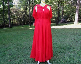 1970s Red Evening Dress, Home Sewn Red Chiffon Formal Dress, Halter Style with Shawl Detail, Fully Lined with Shirred Bodice, Size Small