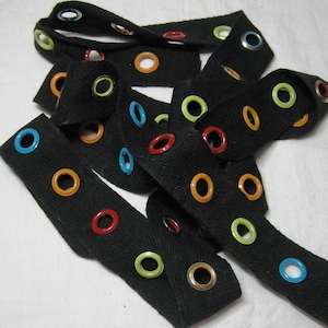 Jumbo Colorful Eyelet Grommet Tape, Black Twill Tape, Enamel Eyes, 1 3/8 In. Wide, BY the YARD, Lace-Up, Sewing Notion, Steampunk, Trim