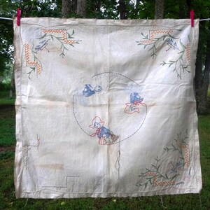1940s Dutch Girls & Sailboats, Unfinished Small, Linen Embroidered Tea, Bridge, Luncheon Tablecloth Fru De Larios, NY, Upcycled Textiles