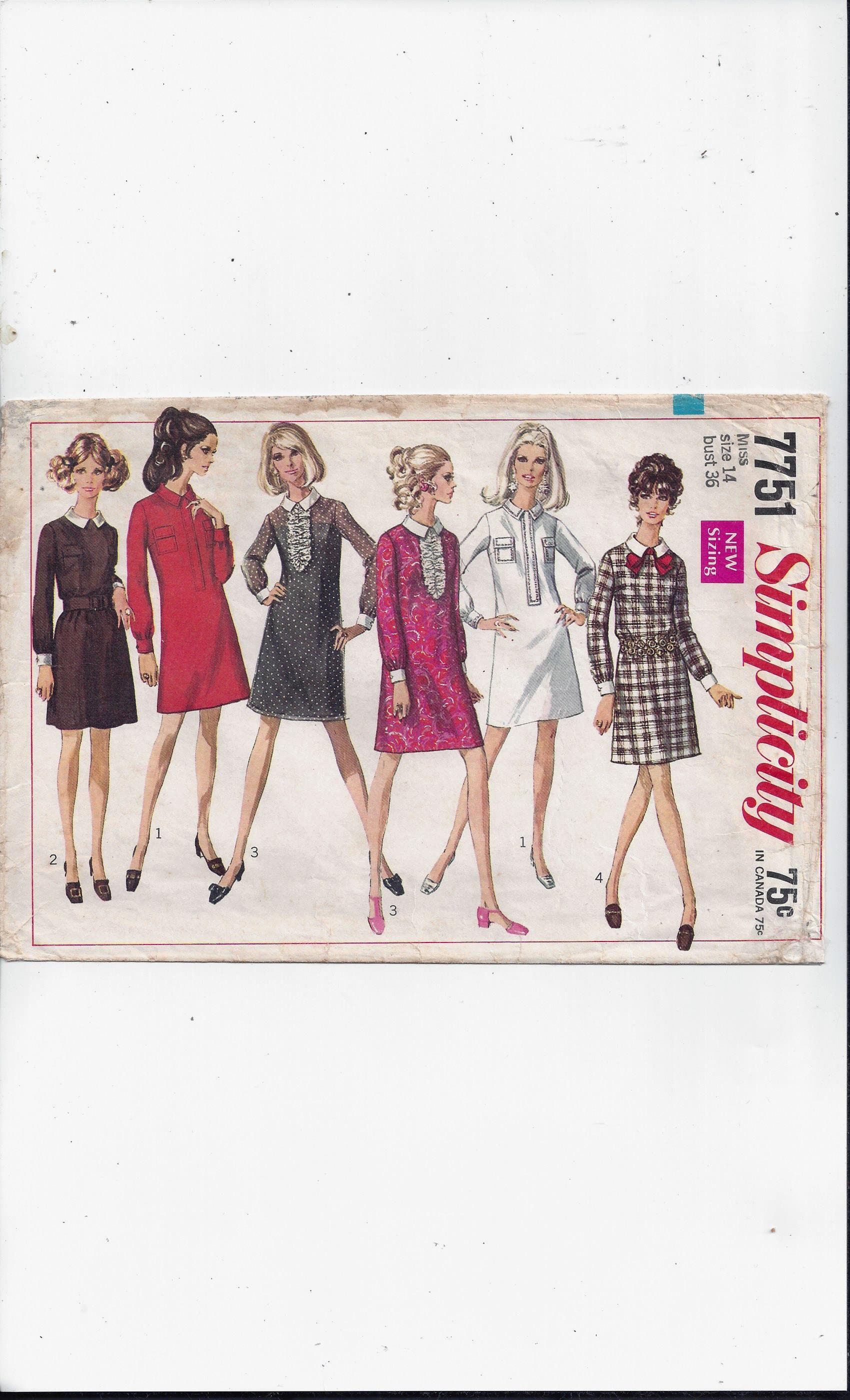 Simplicity 7751 Pattern for Misses' A-Line Dress, Size 14, From 1968, Vintage Home Sewing Fashion, 4 Styles, Upcycle Supply