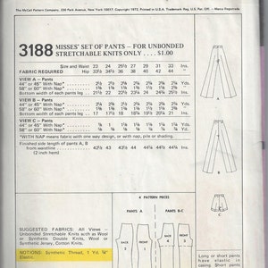 Mccall's 3188 Pattern for Misses Pants for Unbonded - Etsy